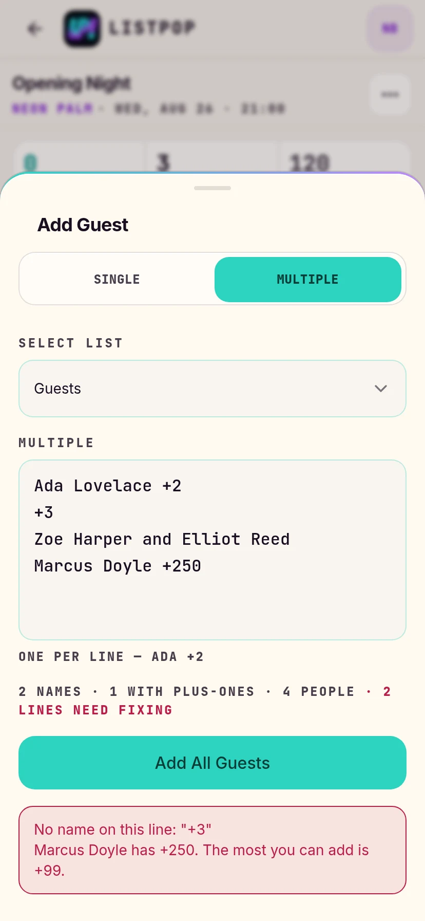 Messages naming each broken line